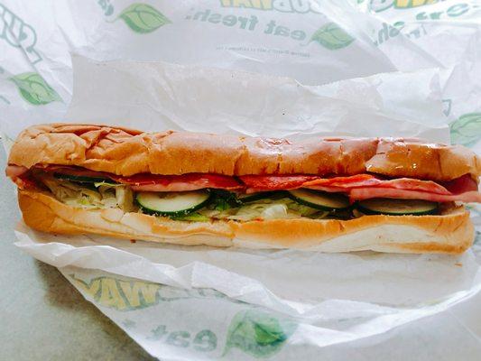 The Italian BMT footlong, loaded with damn near every freebie condiment they offer!