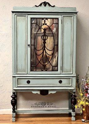 Refinished Art Deco Hutch with custom created mercury glass door