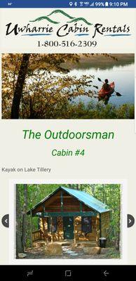 Uwharrie Cabins has 5 cabins off of Hwy 109 that sleep up to 4, one house sleeps 22 and another house sleeps 6.