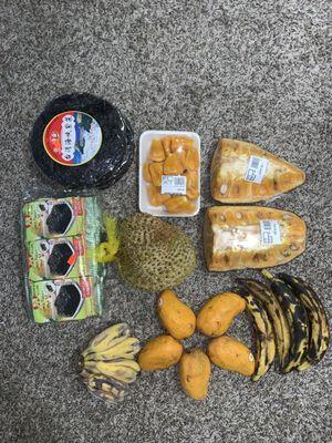 Food haul!! Seaweed, bananas, plantains, jackfruit, mangoes, durian