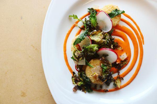 Grit Fritters, Fried Brussel Sprouts, Radishes, Red Pepper