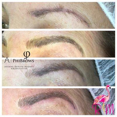 Top to bottom: old permanent makeup, 1st microblading session, 6 weeks healed before touch-up, after touch-up