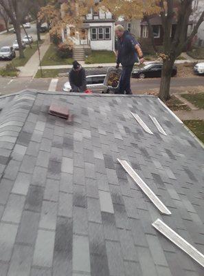 We bag the leaves up on the roof, so they don't get all over yours or the neighbors yard