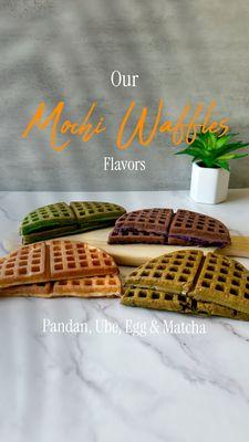 Get ready to indulge in our unique mochi waffle base flavors! From the exotic pandan & ube to the savory matcha & egg!