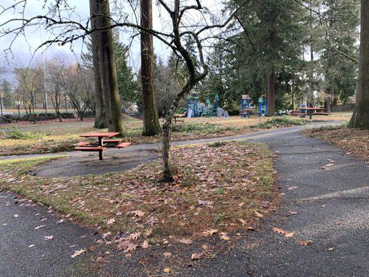 Picnic tables amongst the walking paths.