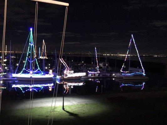 Christmas time lighted boats.