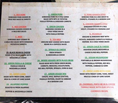 Tamale Menu