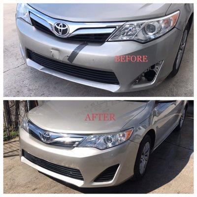 Car Vs. Parking Lot Light, complete replacement, repair of fender color match and blending came out like new ! .