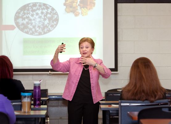 Susan Neustrom, a free motivational speaker with FreeSpeakers.org, presents at Hinsdale South High School for support staff.