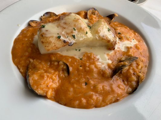 Chilean seabass on seafood risotto