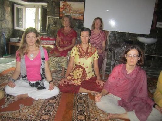 Group meditation. Annual Retreat in Uttarakashi, Himalayas, India.