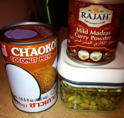 A few things I got here.  Coconut milk, Madras Curry powder and green cardamon pods.