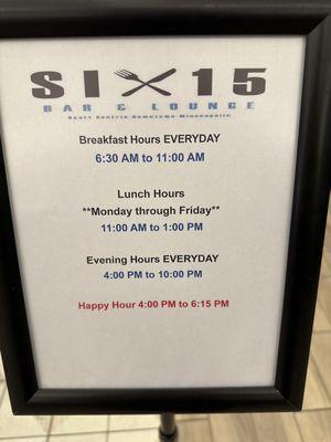 hours for breakfast through evening