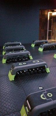 Group Fitness Room. Fitness Steps & Weights.