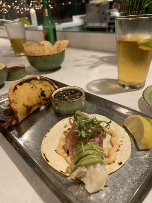 Fish taco and beef birria