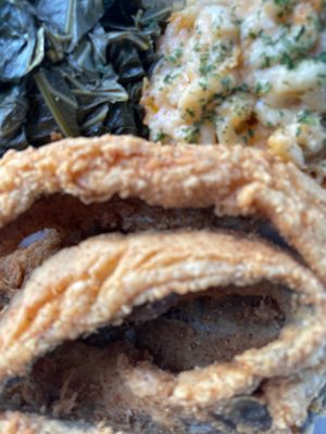 Fried whiting max and cheese and collard greens