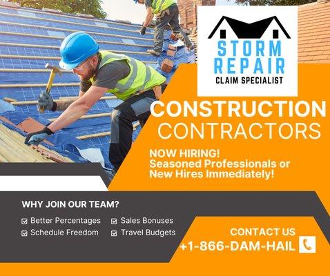 Now Hiring for General Managers with working knowledge of Hail, Wind or Storm Damage on properties or roofs. Offering bonuses & travel, plus