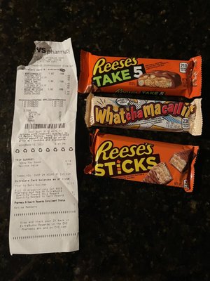 Paid $.31 for three candy bars after applying $3 in extrabucks rewards