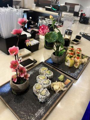 Real California Roll made with real crab meat (left) and Daruma Roll (right). Delicious!