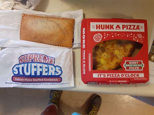 Stuffed pockets and a chunk of Hunts Brothers pizza!