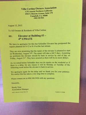 3rd month of no elevator service - and counting.