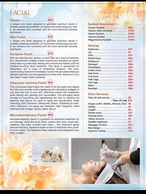 Menu facial, waxing, eyelashes