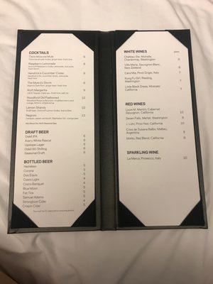 Drink menu as of 11/29/2019