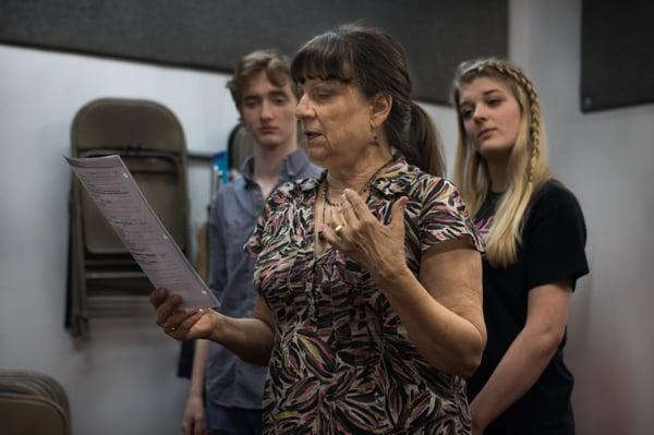 Director Chesley Krohn with students. HITS presents "Crazy for You" at Miller Outdoor Theatre, Spring 2016.