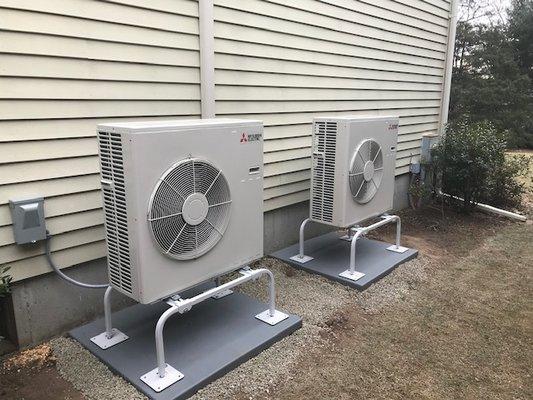 New Mitsubishi Mini-Split System on quicksling stands, outside unit.