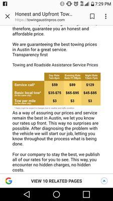 Their web site pricing, clearly lower than what I was told AFTER my vehicle was towed.