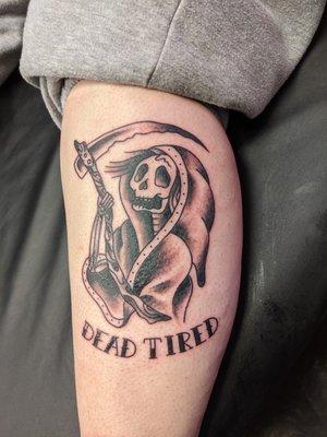 "Dead Tired" grim reaper tattoo