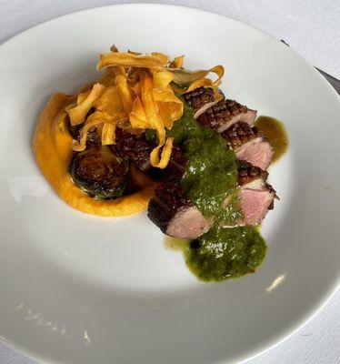 Moulard duck breast with sweet potato purée and chimichurri