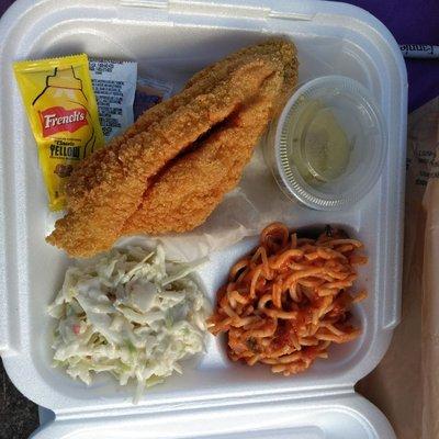 Fish Fry (catfish) w/ Cole slaw n Spaghetti.  Also,  mustard,  hot sause,  puckles n cheese.