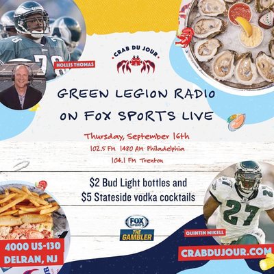 Delran, Tune in to Green Legion radio this Thursday 9/16 & enjoy Fox Sports Live-featuring Hollis Thomas & Quintin Mikell.