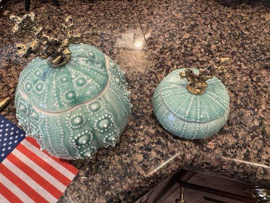 Beautiful sea urchin decorative canisters with coral lids.