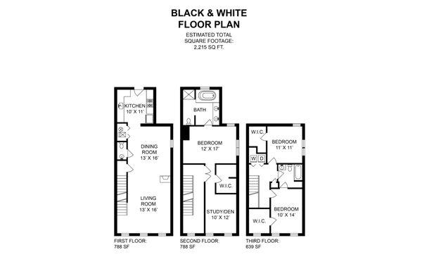 Black and white floor plan with square footage by room and floor