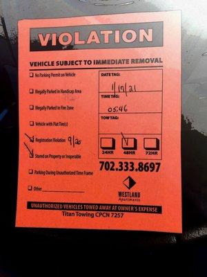 Vehicle violation posted on numerous tenants cars at Westland Apartments.