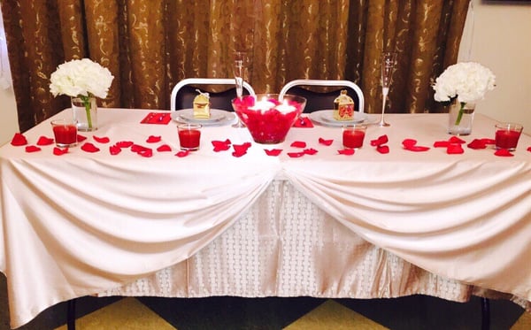 Brides table that I did- with the rose petals and hydrangeas