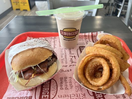 Bacon Cheese Burger, Carmel Milkshake, and Onion Rings.