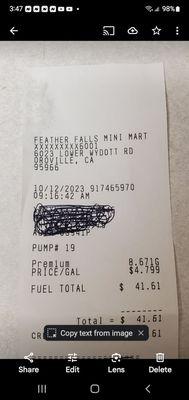 October  12 receipt.  Premium  gas