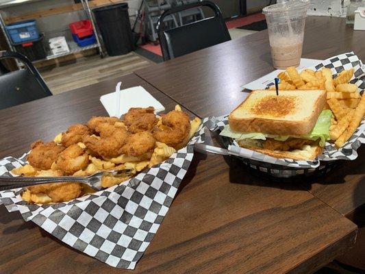 Shrimp basket with fries & fried chicken sandwich :)