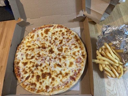 Large Cheese Pizza and French Fries