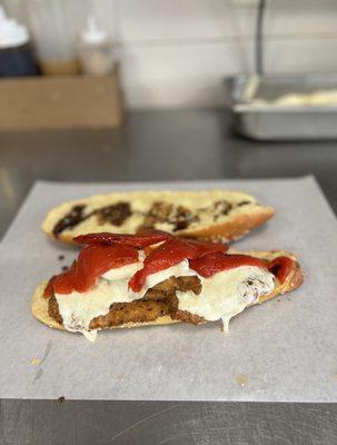 Chicken Cutlet, Mozzarella, roasted red peppers, and balsamic glaze