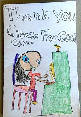 A thank you card from a classroom we supported with DonorsChoose.org by UPcycling Grease For Good