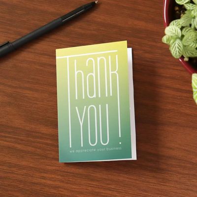 Business thank you cards with free personalization inside. Just choose a stock sentiment and add your logo or brief message.