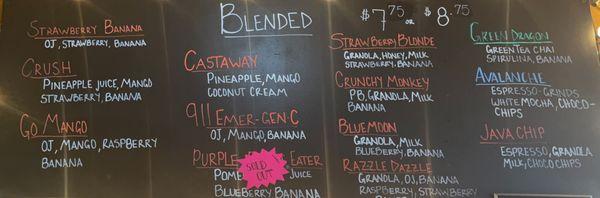 Blended and smoothie menu