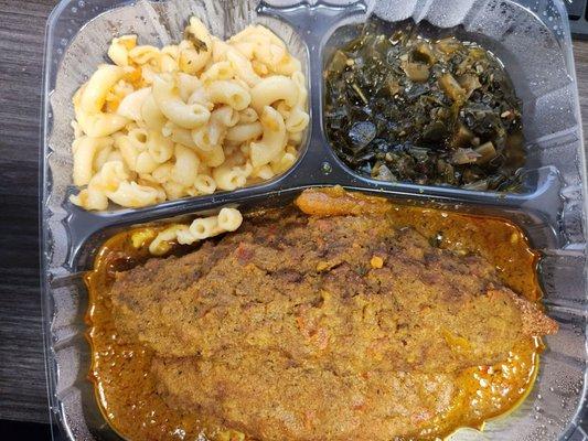 Curry Catfish w/rice, Mac & Cheese, and Collard Greens