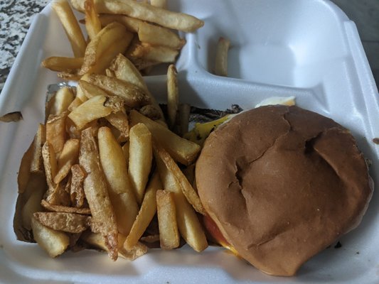 Cheeseburger and fries to go.