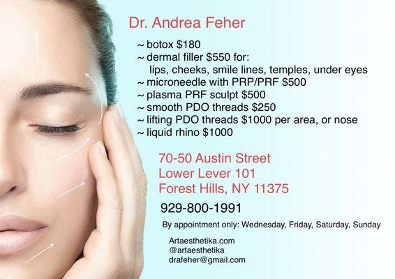 Price list.  Already discounted. Get additional 20% off your first visit with Dr. Feher