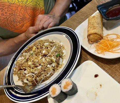 Pork Fried Rice, Salmon Roll, Egg Roll